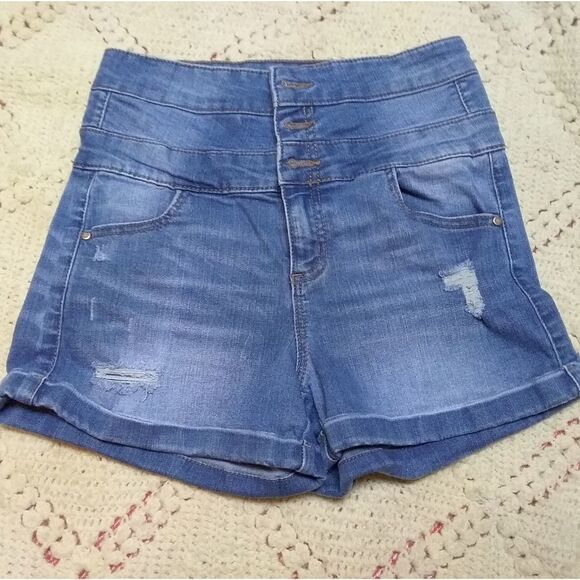 Hi-Waist 3 button Distressed Tinsel Town Shorts  3 Juniors - Picture 6 of 7